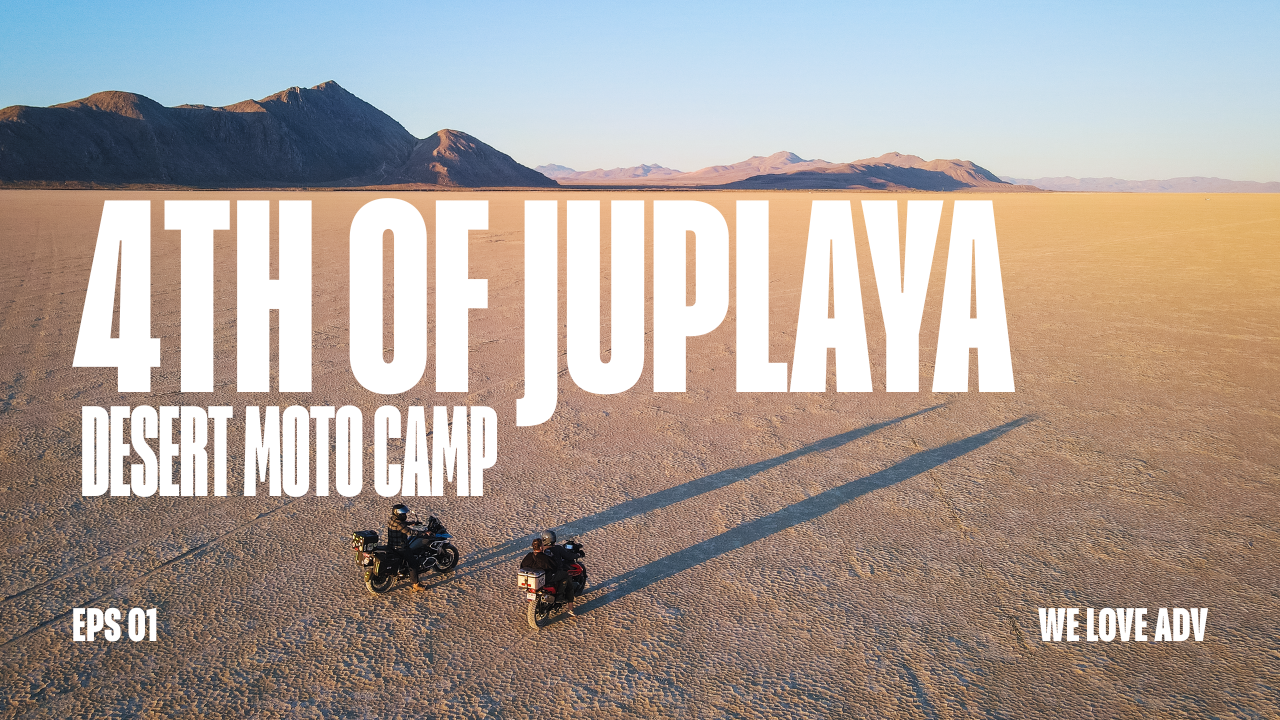 Image of two motorcycles on the Black Rock desert with the video title "4th of Juplaya: Desert Moto Camp."