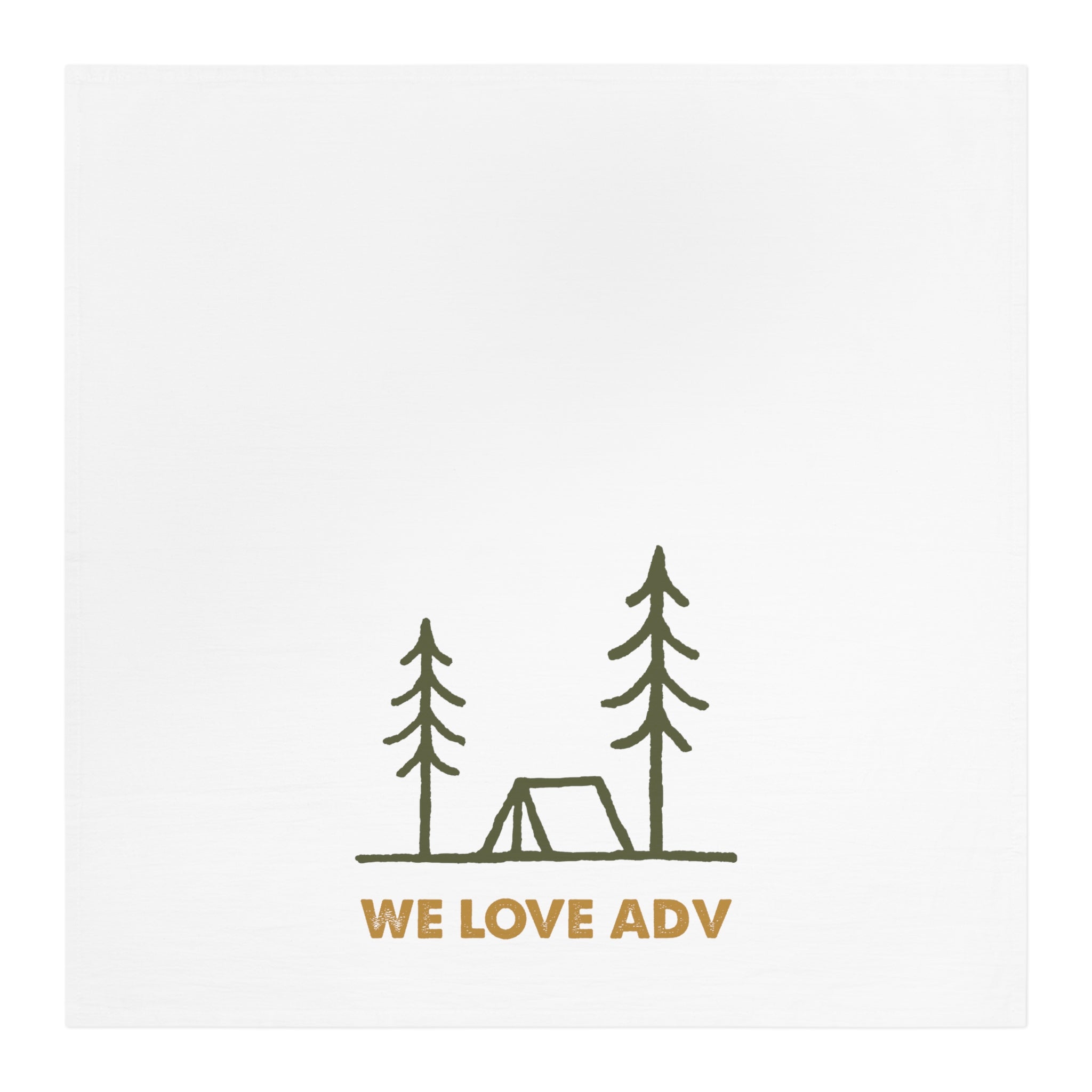 Simple line drawing of a tent between two trees with 'WE LOVE ADV' text on a white background